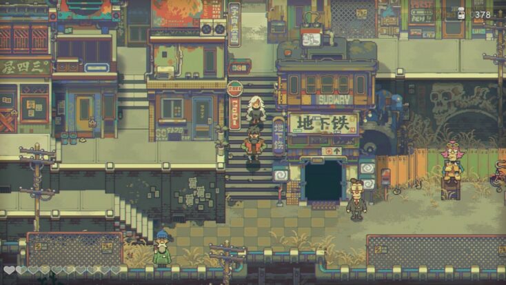 In a screenshot from Eastward, two people move down some alley steps in a drab post-apocalyptic city.