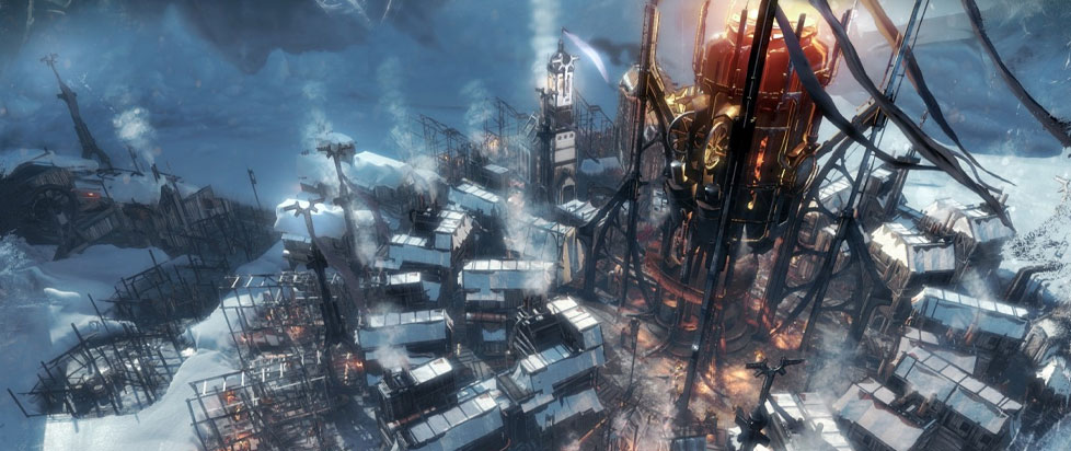 A still image of Frostpunk showing a bunch of container like houses around a central generator, surrounded in snow
