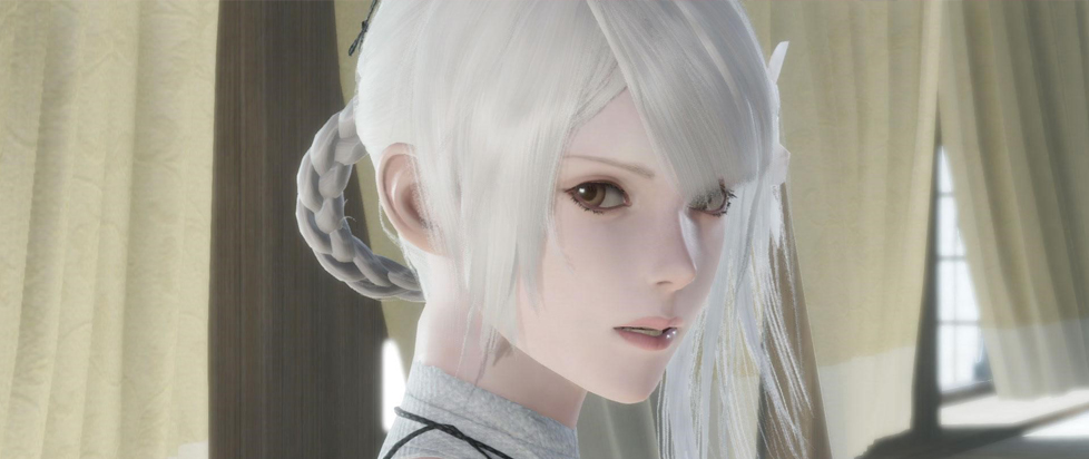Kainé, a young woman with white hair pulled up into a looped braid, bandages around her neck and shoulder and knotted elastic cord around her torso, looks toward the viewer while facing sideways. She’s in a room with white tile on the floor and large, tall windows obscured by cream curtains.