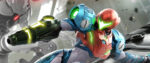 Samus, a space explorer in a high-tech space suit, aims her arm cannon offscreen.