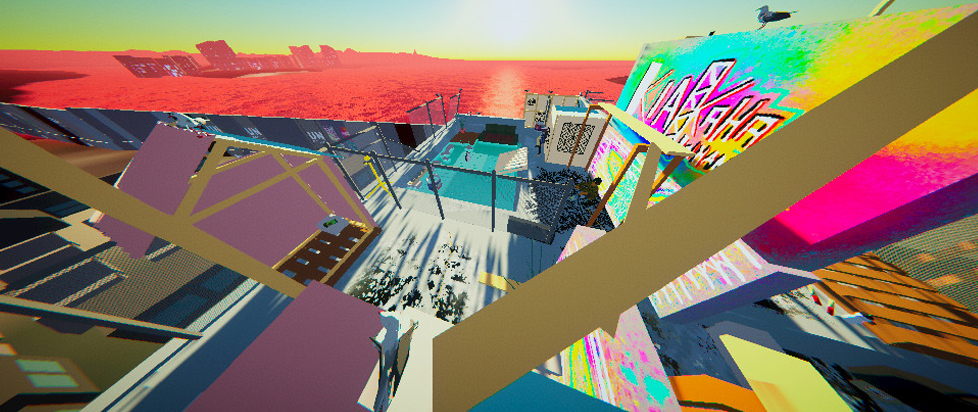 A videogame screenshot of a bird's-eye view of a city lot and outdoor swimming pool surround by graffiti-tagged buildings. The shapes making up the scenery are harsh, sharp polygons.