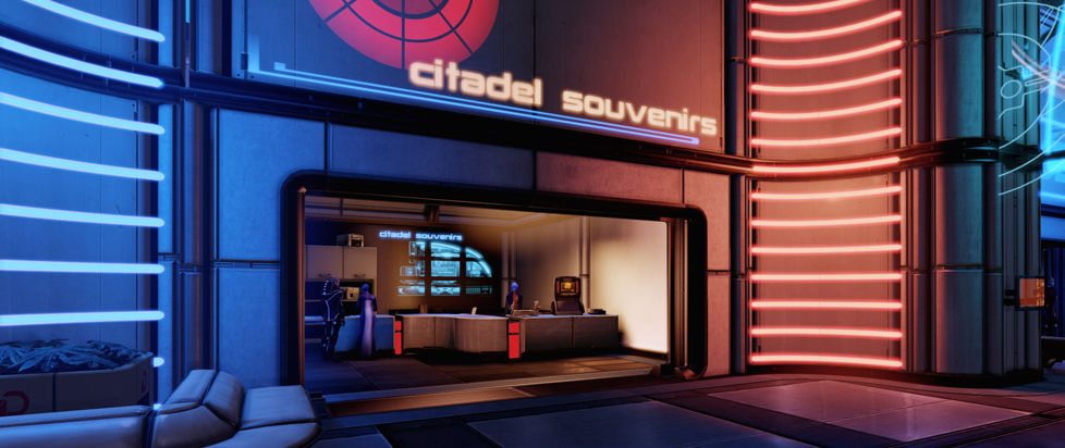 An angled shot of a laser-lit, futuristic shop called "Citiadel Souvenirs."