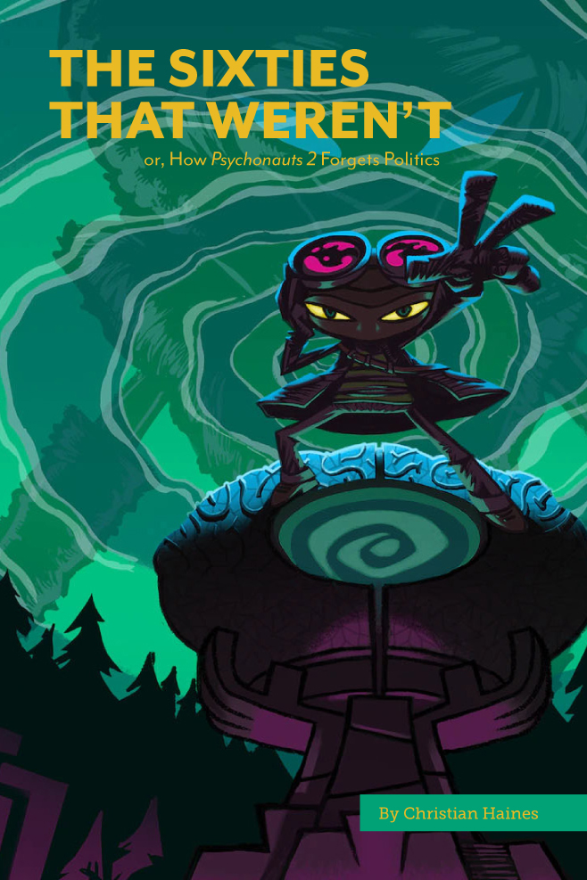 A small, humanoid figure with glowing eyes and huge goggles perched atop their head stands in front of a swirling sky, one arm raised above their head.