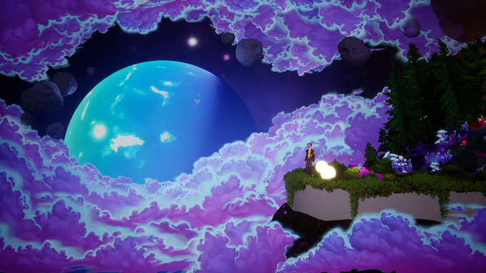A man in horn-rimmed glasses stands on the edge of a wooded cliff, gazing a giant turquoise moon ringed with deep purple clouds.