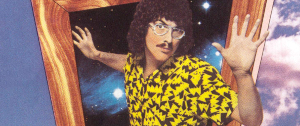 A painting of Weird Al Yankovic, a man with glasses, a mop of curly brown hair, and a yellow and black 80s-patterned shirt.