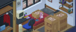 A still image of the game Unpacking showing a dorm style room with a bed, wardrobe and desk and several open cardboard boxes.
