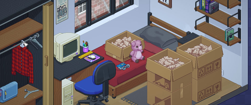 A still image of the game Unpacking showing a dorm style room with a bed, wardrobe and desk and several open cardboard boxes.