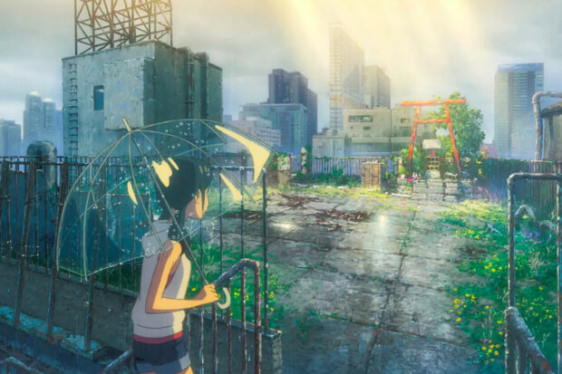 A young woman shields herself from the rain with a clear vinyl umbrella. She gazes across an overgrown concrete lot in a post-apocalyptic city.