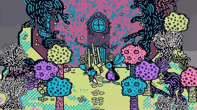 An illustrated dog and rabbit stand in front of a house in a yard full of trees. The house and trees are colored vibrant yet unnatural colors (pinks, purples, teals).