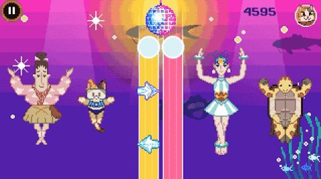 Four dancers – two women, one calico cat, and a sea turtle – pirouette under a mirrored disco ball.