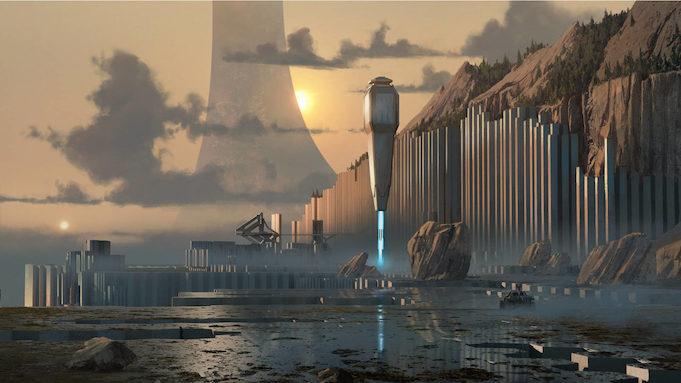 A futuristic sci-fi setting featuring coastal cliffs reinforced with several vertical steel beams. A monolithic steel tower looms in the distance.