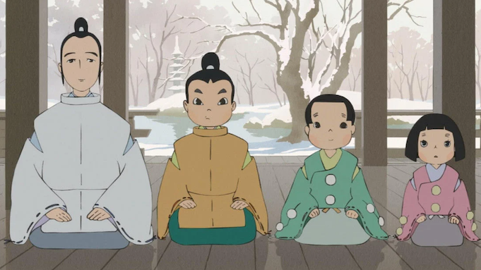 A father and his three children kneel on the floor of a house, a snowy scene seen through the window behind them.