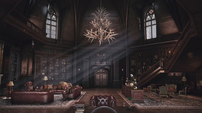 An incredibly huge study with leather-bound furniture and large cathedral windows. A chandelier fashioned from deer antlers hangs in the center of the room.