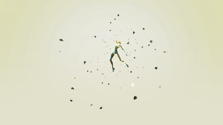 A small figure floats weightless in a blank void, her space suit shattered to pieces and floating piecemeal around her.