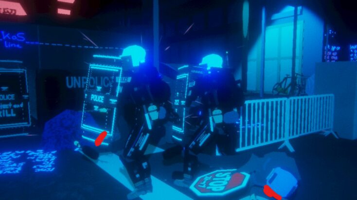 Two police officers in glowing helmets hold sharp-cornered shields in front of their bodies.