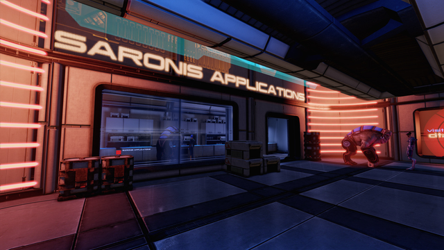 A space-port shop called Saronis Applications is decorated with somewhat sinister laser-lights. A hulking alien stands on four legs by the door.
