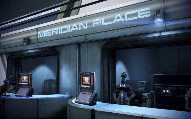 Two futuristic shop counters with touch-screen shopping consoles under a sign reading "Meridian Place." A large-eyed alien shop clerk stands behind one.