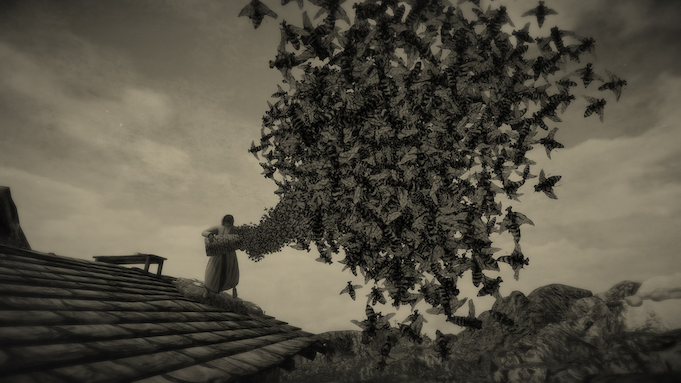 A surreal, sepia-toned image of a woman standing on a roof emptying a basket filled with a swarm of giant bees.