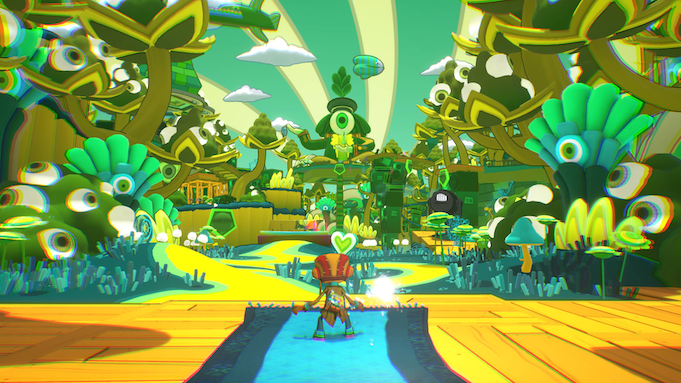 A small figure in a pilot's cap stands surrounded by psychedelic trees and plants, most of which have giant eyes.