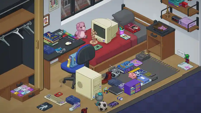 A pixel-illustrated view of a college dorm room, with several objects strewn across the bed and floor.