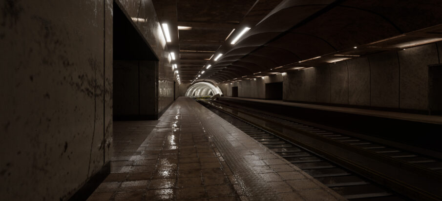 A dimly lit, abandoned subway station. The concrete walkways are slick with water.