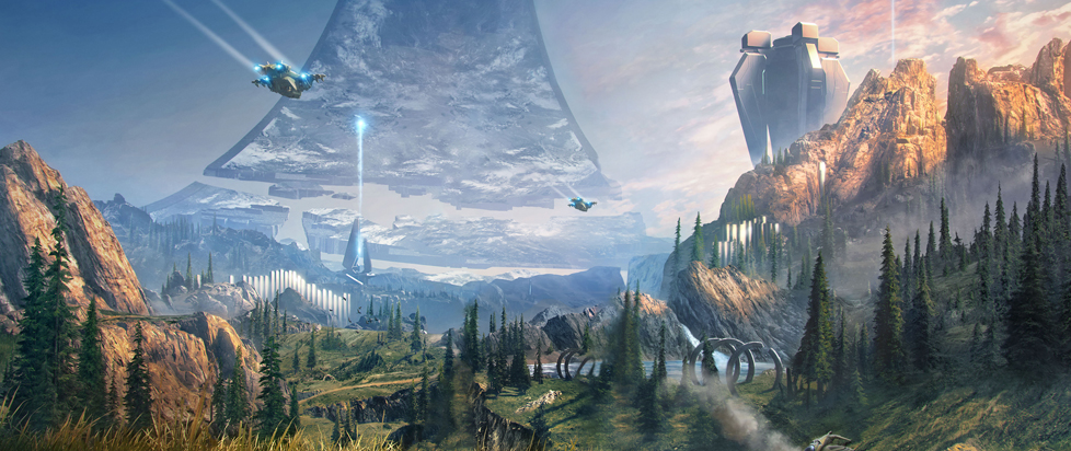 A mountainous, forested landscape stretches far and wide. Small space craft fly towards futuristic buildings. In the distance, the inside of a gigantic ring stretches up into the clouds. The view seems to be inside it.