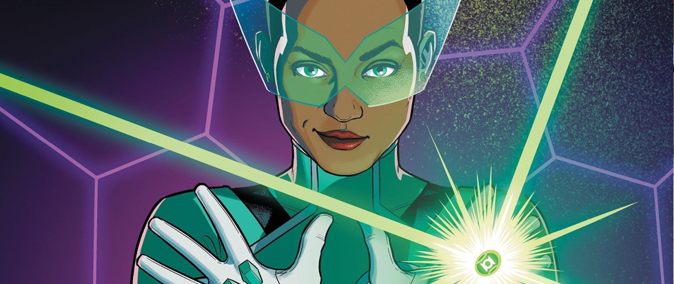 A close-up portrait of Green Lantern Sojourner “Jo” Mullein, wearing futuristic green goggles and her Green Lantern uniform. Green beams of light shine from her ring. She is smirking.