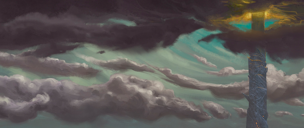 The top of a towering spire disappears into stormy, swirling clouds.