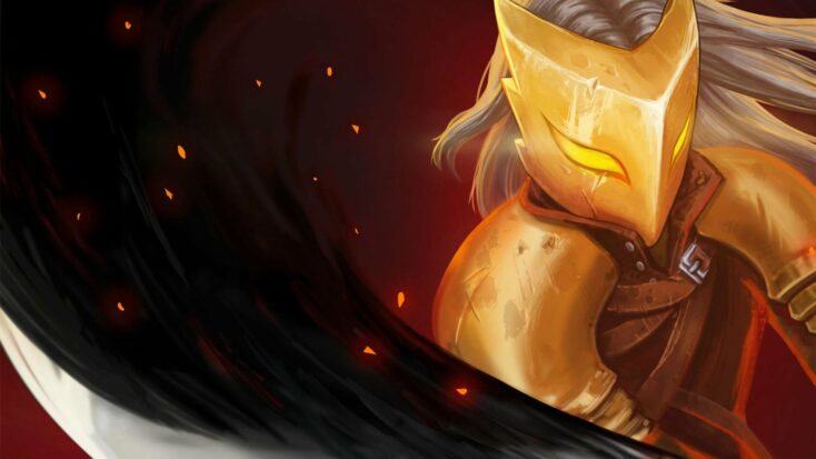 A blonde warrior in a golden mask swings a sword towards the viewer. Glowing embers rise from the blade.