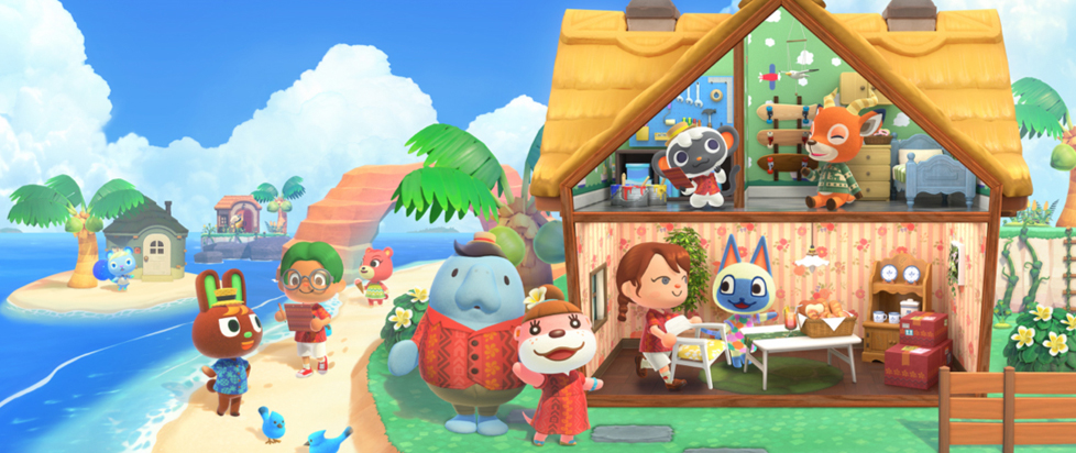 A screenshot from Animal Crossing: New Horizons shows a cutaway view of a small house on a beach. The interior of the house is decorated in bright colors and several animals are gathered inside and out.