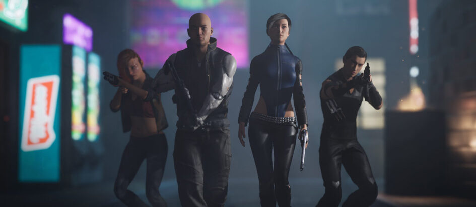 Four people patrol dystopian city streets at night, pistols drawn.