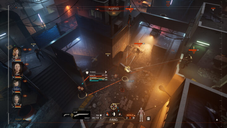 A screenshot from Project Haven shows a top-down view of a player-squad surrounding a target in dark back alley.