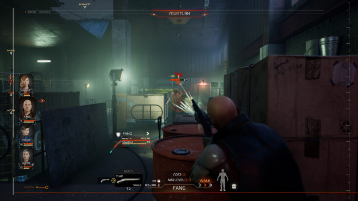 In a screenshot from the Project Haven videogame, a bald man fires a shotgun at an unseen target in an abandoned warehouse.