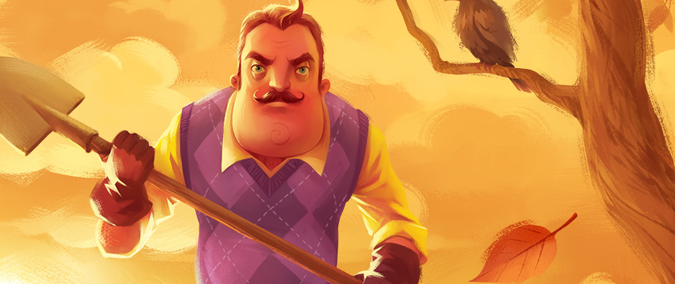The Neighbor from Hello Neighbor looking menacing with a shovel