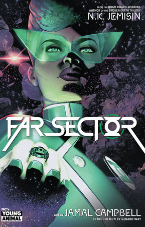 The cover of N.K. Jemisin's Far Sector. The Green Lantern stands stoically in a power pose, her clenched fist prominently displaying her Green Lantern ring.