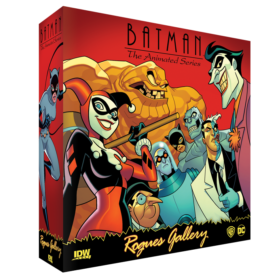 The cover of the Batman the Animated Series Rogues Gallery board game, featuring Catwoman, Harlee Quinn, Clayface, Killer Croc, Two Face, Joker, Mr. Freeze and Penguin
