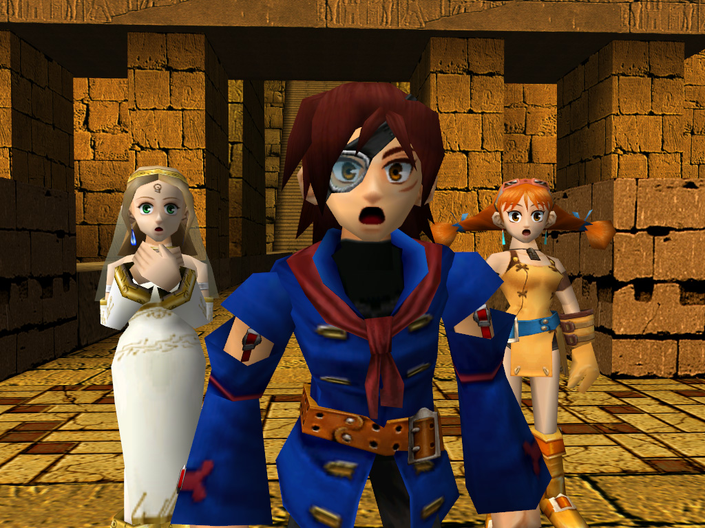A group of 3D-characters stand in a golden-bricked room. The dark-haired man in front wears blue armor and special eyepiece over one eye. Slightly behind him stand a blonde woman in a long white dress and a red-headed girl in pigtails and short yellow dress. All three wear looks of astonishment.