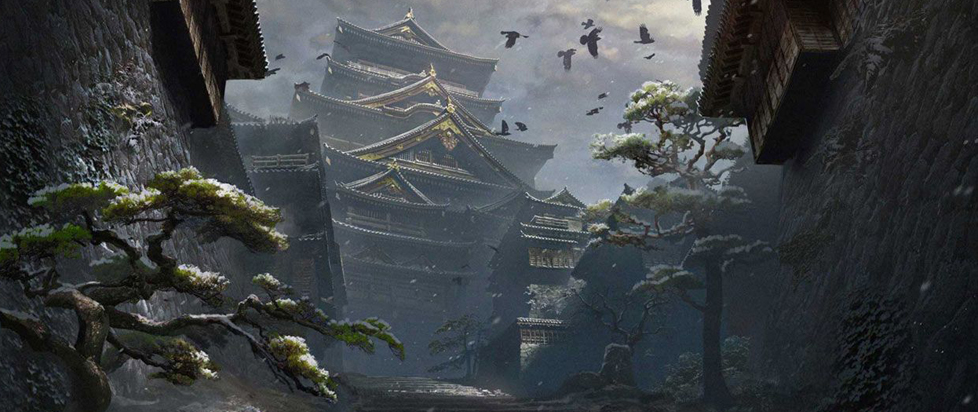 A view of a large Japanese temple as seen from below. Stone walls tower above the viewer. A flock of birds streaks across the cloudy sky.