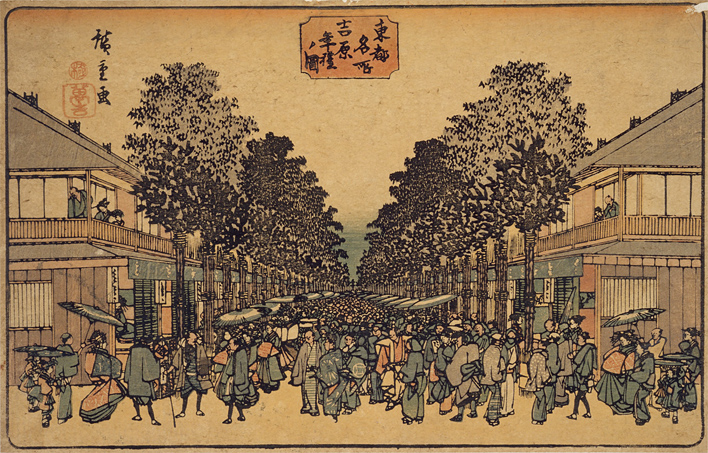 An aged ink drawings of a bustling street market. The throughway is lined with tall trees.