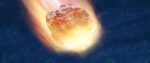 A fiery meteor cascades through an inky blue sky.