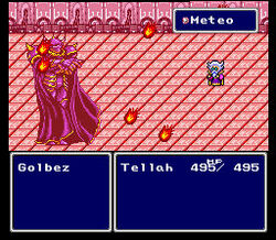 In a screenshot from the videogame Final Fantasy IV, a small warrior prepares to cast the "Meteo" spell against a large wizard-like foe.