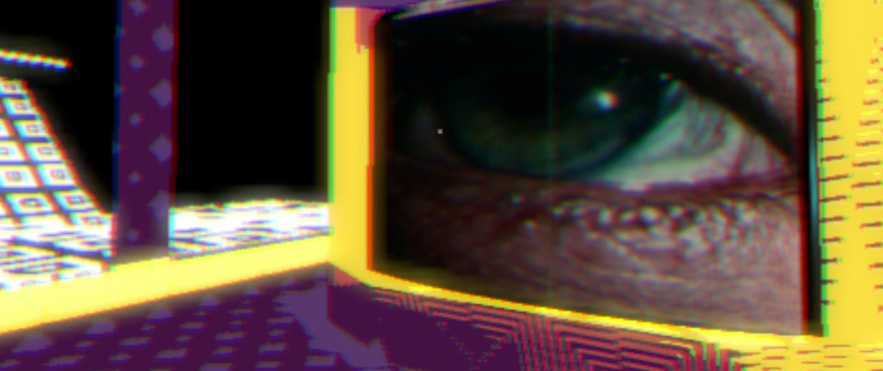 A giant human eye is projected on an electric-framed screen in a room that seems to exist in a liminal space.