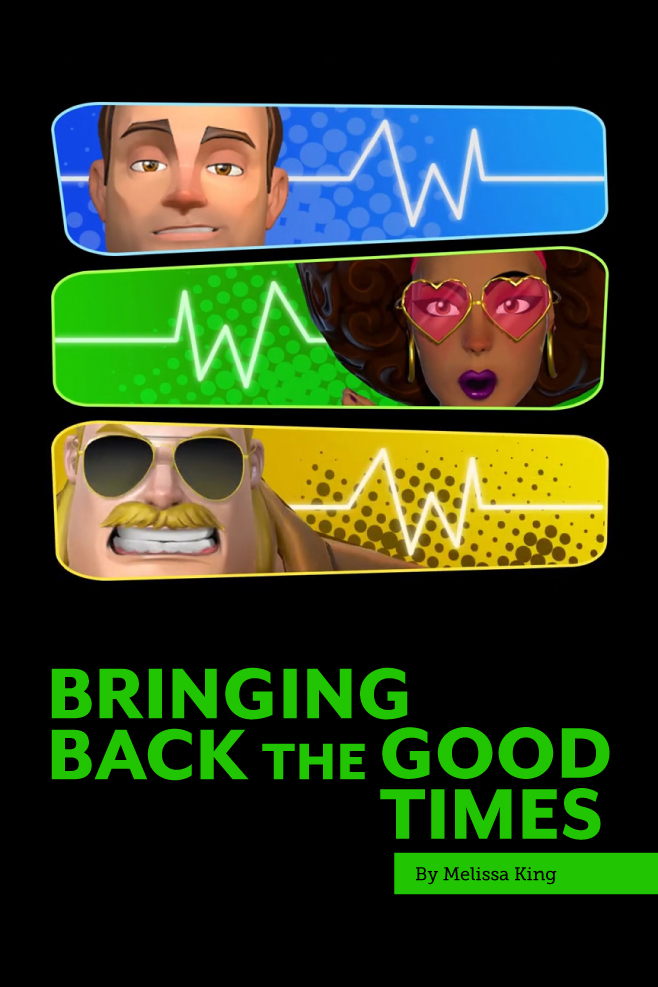 Close-ups on three slick-looking characters. The top features a smirking man with dark hair, the second focuses on a brown-skinned woman wearing heart-shaped sunglasses and an afro hairstyle, and the third shows a grimacing blonde man in aviators.