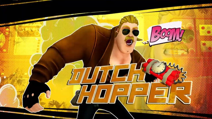 A large blonde man in aviator sunglasses throws a bundle of dynamite while shouting "BOOM!" "Dutch Hopper" is written in stylized font across the frame.
