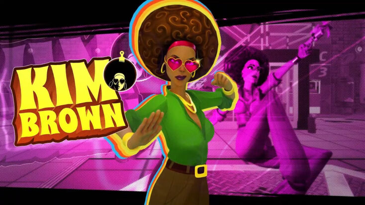 A stylish woman with brown skin and an afro poses in a fighting stance. Her clothes evoke the 1970s. "Kim Brown" is written in stylized font across the frame.