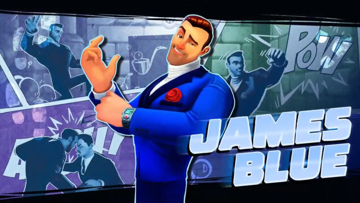A dark-haired man in a blue tuxedo jacket adjusts his cufflinks. "James Blue" is written in stylized spy font at the bottom of the frame.