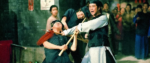 Still from the movie Challenge of the Masters showing a bunch of martial arts fighters with bo staffs.