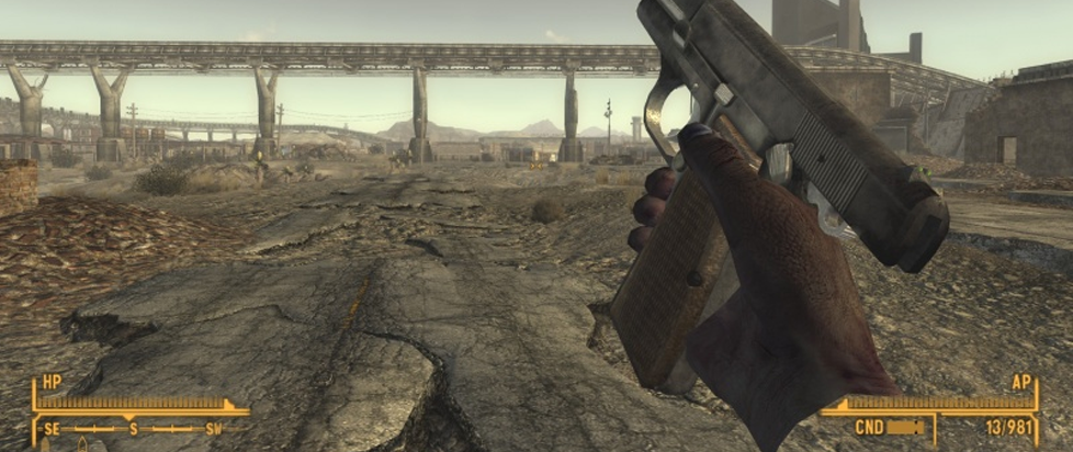 a still frame of the reload animation for a Hi-Power in Fallout New Vegas.