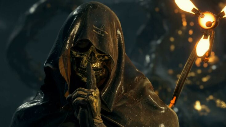 A hooded figure with a grinning skull for a face holds a bony finger to its lips.