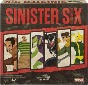 The cover of the Sinister Six board game, featuring Kraven the Hunter, Sandman, Green Goblin, Venom, Doc Ock, and Electro